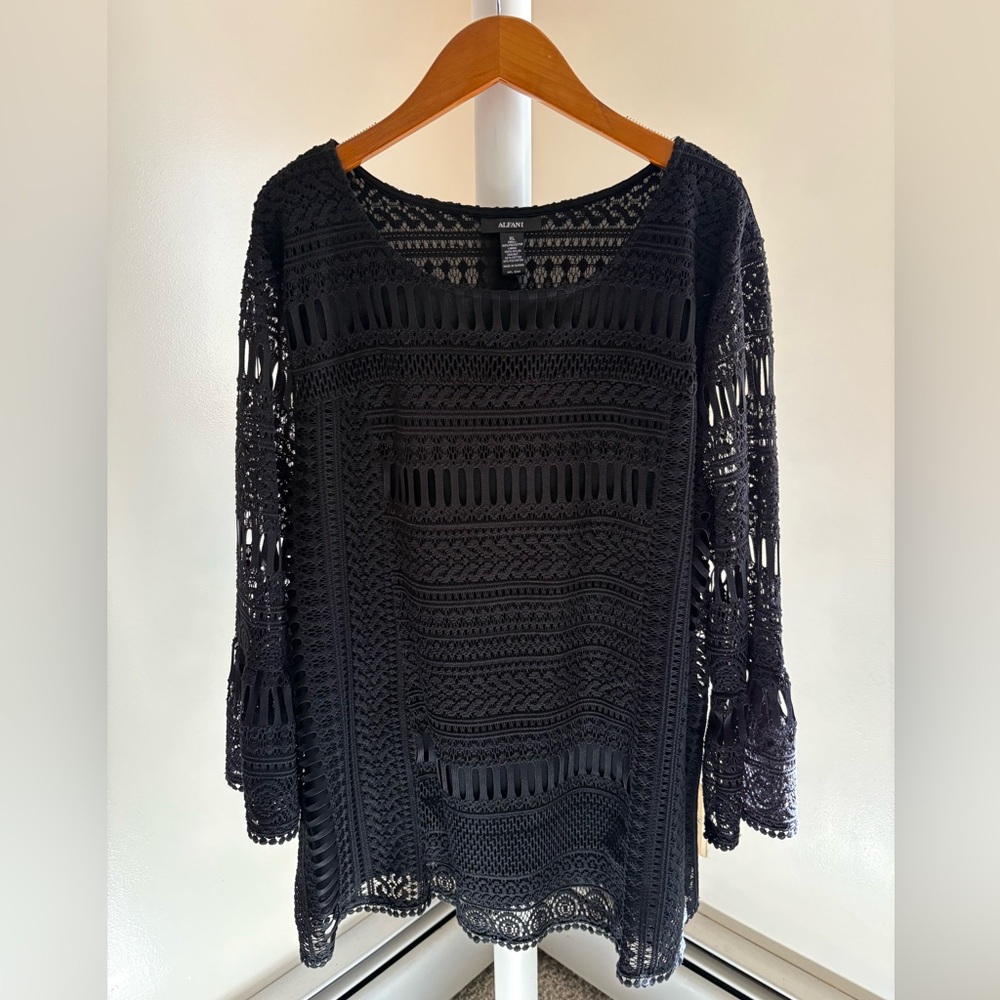 Alfani Women’s Black Crochet Bell-Sleeve Top — Size XL